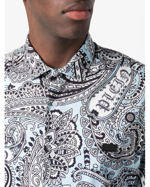Philipp Plein Blue Paisley-Print Long-Sleeved Shirt for men