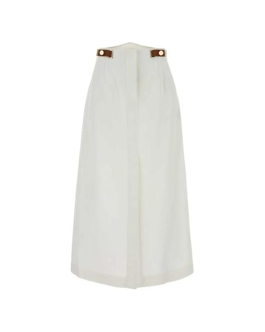 Fendi White Leather-Tab Stud-Detail Midi Skirt