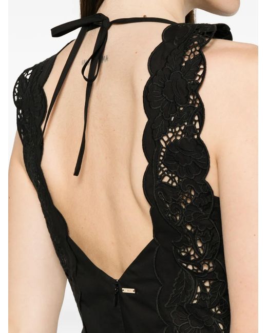 Twinset Black Lace-Detail Crew Neck Long Dress