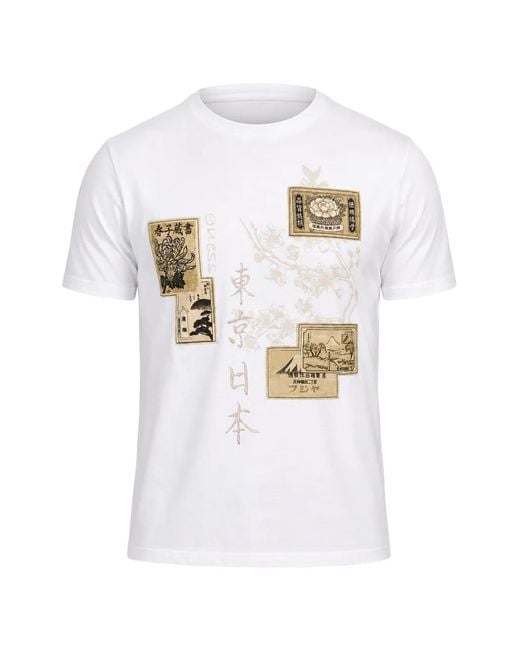 Guess White Japanese Stamp-Print T-Shirt for men