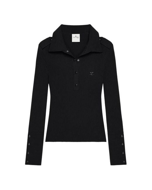 Courreges Black Rib-Knit Logo-Detail Polo Shirt