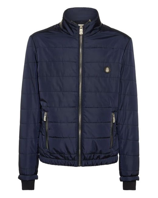 Billionaire Blue Quilted Leather-Trimmed Padded Jacket for men