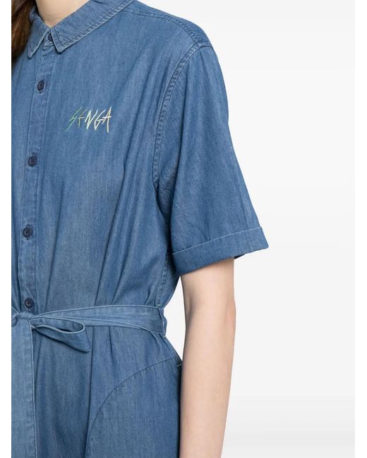 SPORT b. by agnès b. Blue Embroidered Detail Belted Buttoned Dress