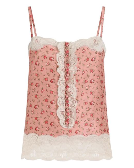 Dolce & Gabbana Pink Floral-Print Lace-Trim Top