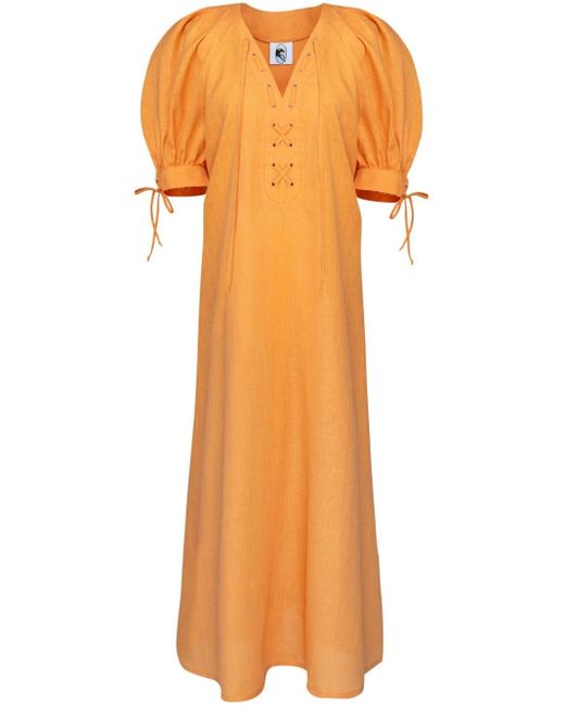 Sleeper Orange Garden Linen Puff-sleeve Dress