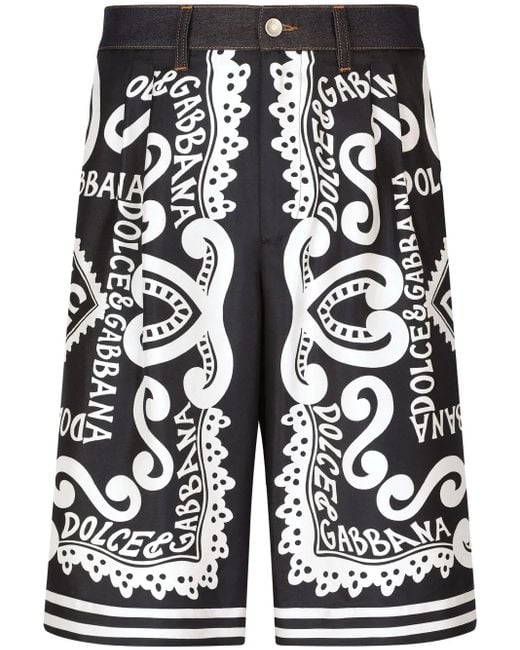 Dolce & Gabbana Black Abstract Print Denim Shorts With Pleat Detailing for men