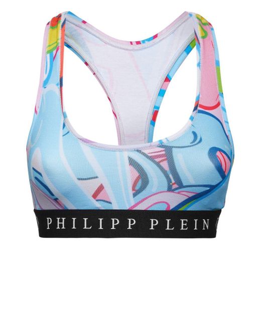 Philipp Plein Blue Logo-print Cotton-blend Top