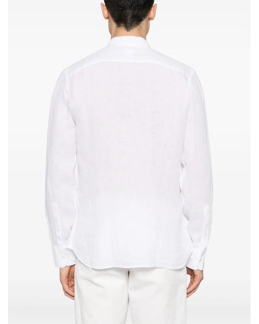 120% Lino White Band-Collar Linen Shirt for men