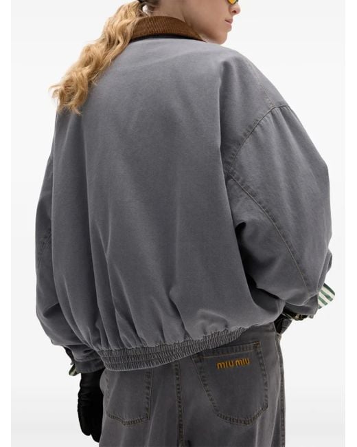 【MiuMiu】ベルベットトリム ジップアップ ボンバージャケット Miu Miu ベルベット ボンバージャケット グレー | Lyst