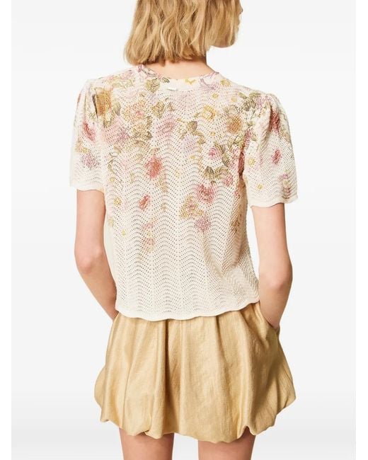 Twinset White Floral-Pattern Knitted Top