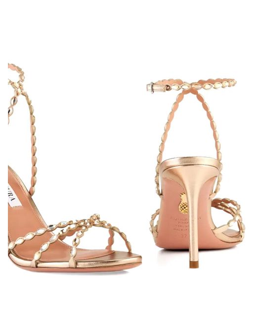 Aquazzura Pink 85Mm Love Struck Scalloped Strap Metallic Sandals