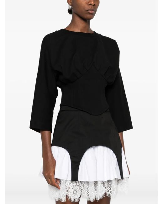 Hamza Black Corset-Detail Three-Quarter Sleeve Top