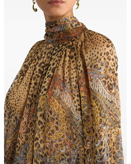 Etro Brown Silk Blouse With Silk Scarf And Paisley And Animal Motif