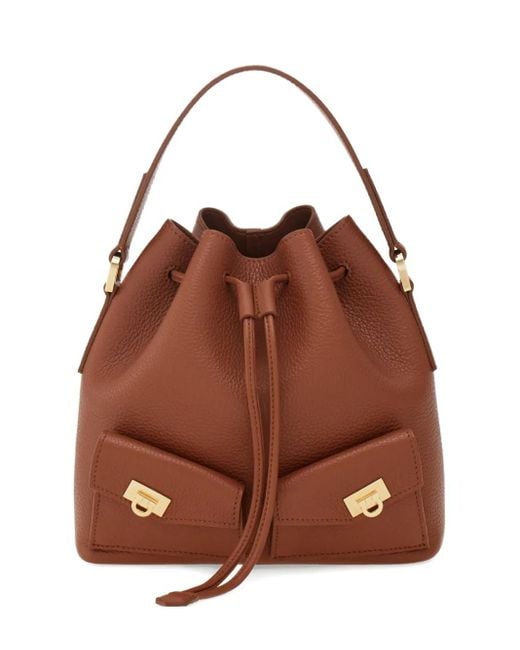 Ferragamo Brown Drawstring Leather Bucket Bag