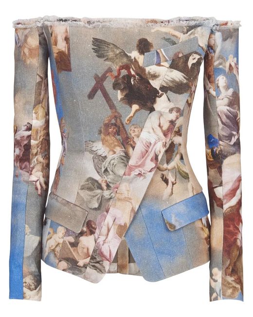Balmain Multicolor Sky-Print Off-The-Shoulder Jacket