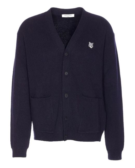 Maison Kitsuné Blue "Fox Head Milano" Lambswool Cardigan for men