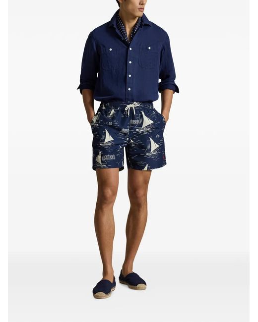 Polo Ralph Lauren Blue Sailboat-Print Swim Trunks for men