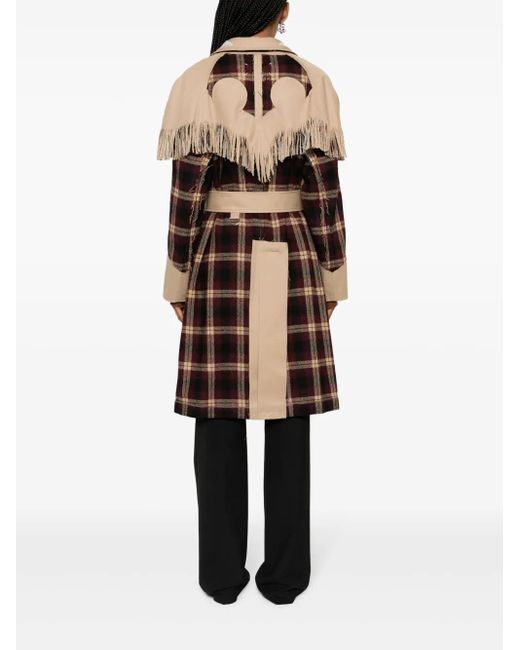 Maison Margiela Natural Check-Pattern Fringed Wool Coat