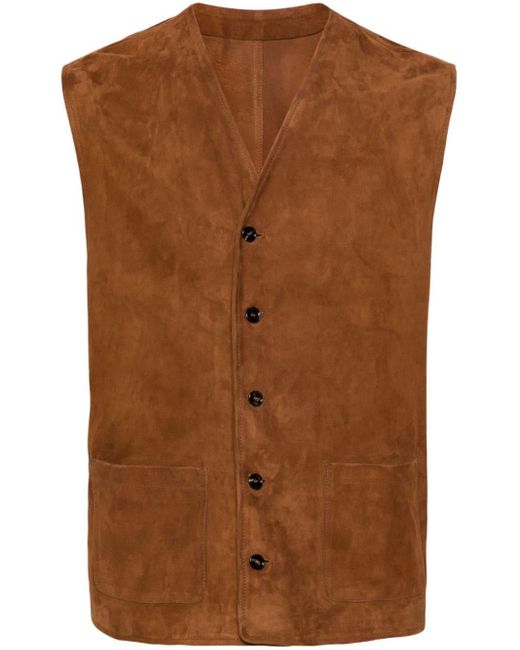 Tagliatore Brown V-Neck Leather Waistcoat for men