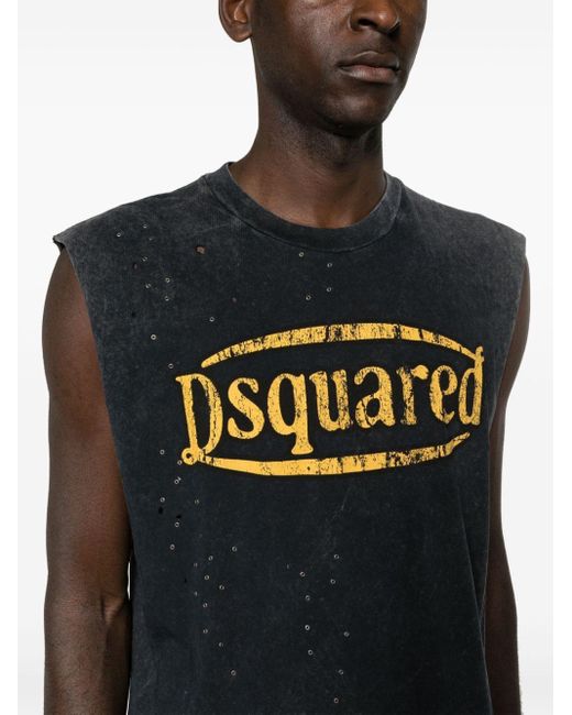 DSquared² Black Logo-print Distressed Tank Top for men