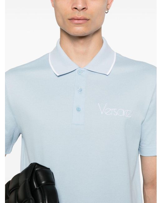 Polo en coton à logo brodé Versace pour homme en coloris Blue