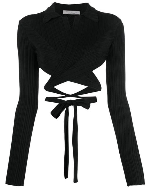 Philosophy Di Lorenzo Serafini Black Plissé Wrap-Around Cropped Shirt