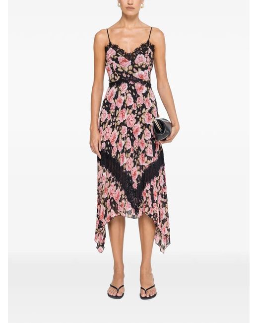 Nissa Red Pleated Floral Midi Dress