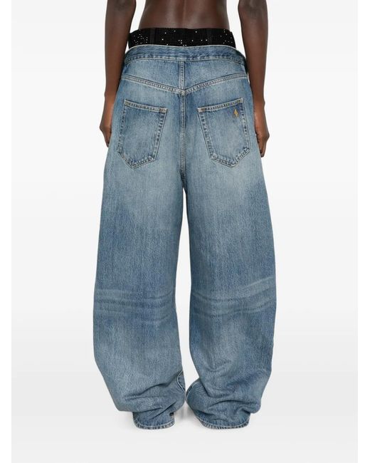 The Attico Blue Rhinestone-Embellished Layered-Waistband Jeans