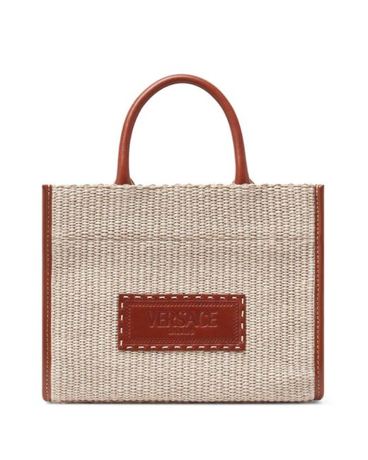 Bolso shopper tejido con aplique del logo Versace de color Brown