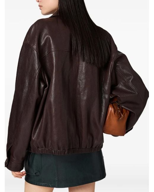 Miu Miu Brown Logo-Relief Regular-Fit Leather Jacket
