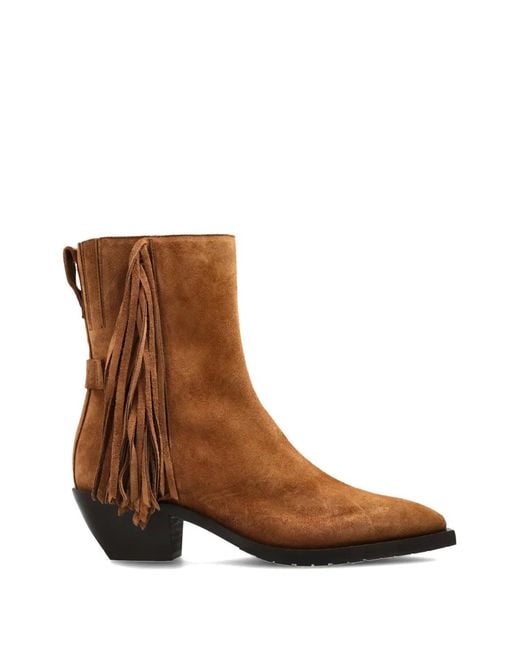 AllSaints Brown Bazely Fringe-Trim Suede Ankle Boots