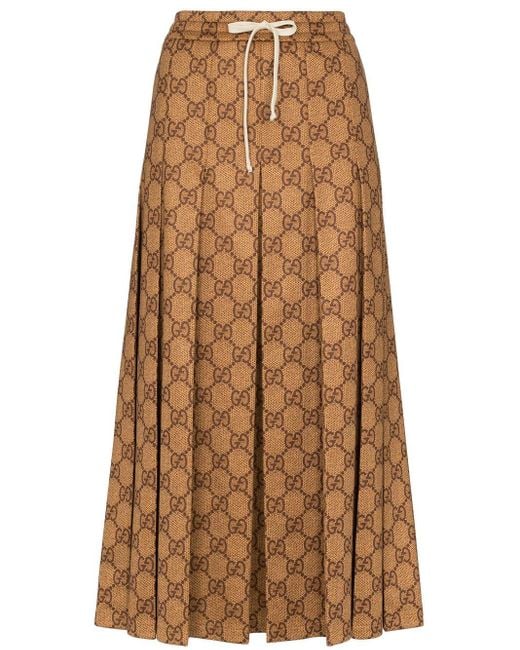 Gucci GG Logo Print Pleated Midi Skirt in Brown | Lyst