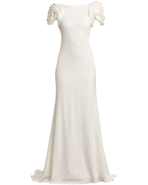 Tadashi Shoji White Keating Rosette-sleeve Gown