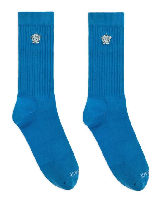 Versace Blue Medusa-Embroidered Ribbed Socks for men
