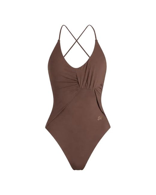 Blumarine Brown Ruched Crossover-Strap Swimsuit