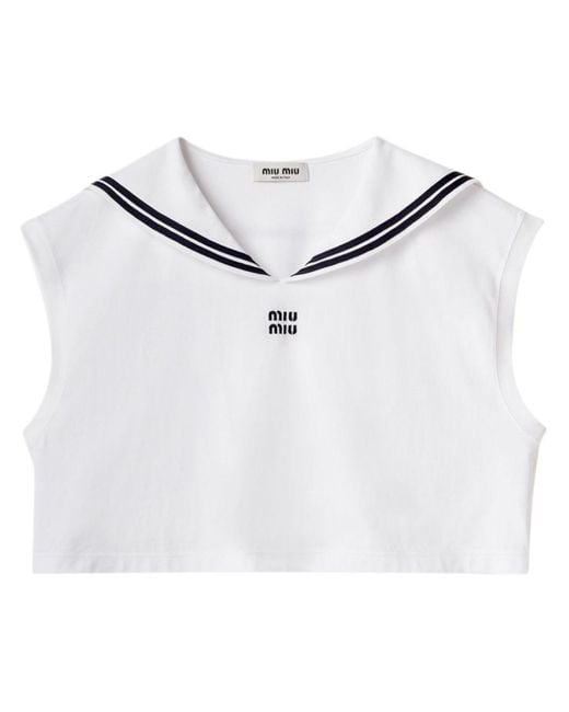 Miu Miu White Logo-embroidered Cotton Sailor Top