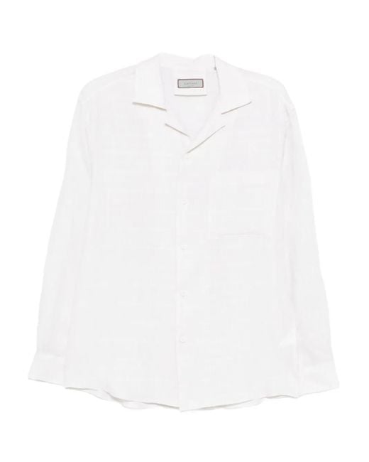 メンズ Canali キャンプカラー リネンシャツ White