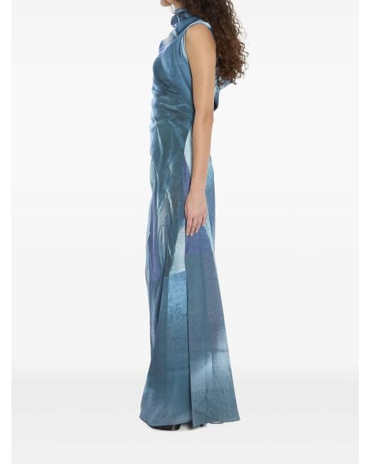 Jean Paul Gaultier Blue Printed Long Sleeveless Satin Dress With Cuffling D
