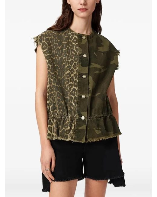 AllSaints Green Sofi Leopard-Print Camouflage Waistcoat