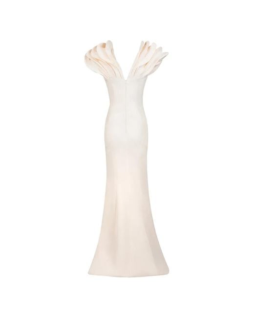 Gaby Charbachy White Ruffled V-Neck Gown