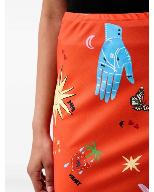 Never Fully Dressed Red Celestial Dorris Graphic-Print Midi Skirt