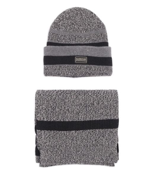 Barbour Gray Boston Striped Beanie Scarf Set for men
