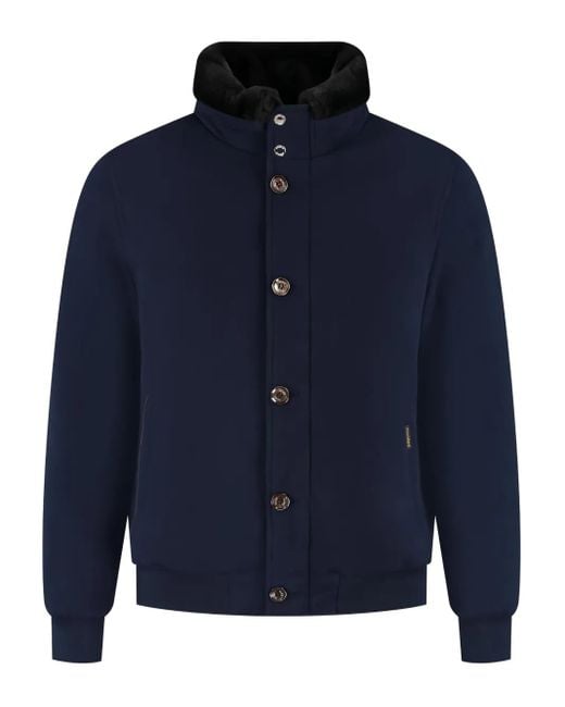 Moorer Blue Buttoned Fur-Collar Jacket for men