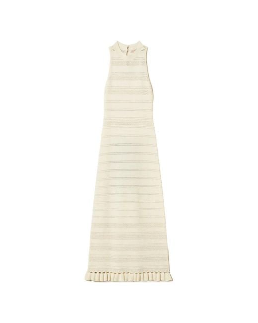 Twinset White Long Turtleneck Knit Dress With Ruffles