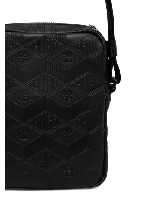 HUGO Black Logo-Patch Debossed Messenger Bag for men