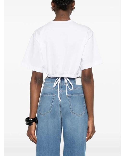 Pinko White Cropped T-Shirt With Lace And Texan Details