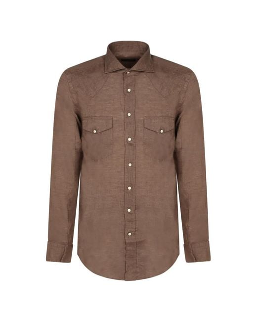 Dell'Oglio Brown Western-Yoke Button-Down Shirt for men
