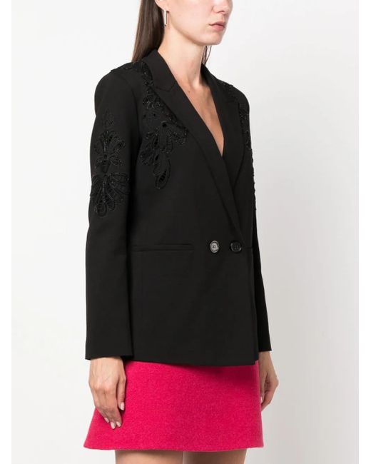 Twinset Black Floral-Embroidered Double-Breasted Blazer