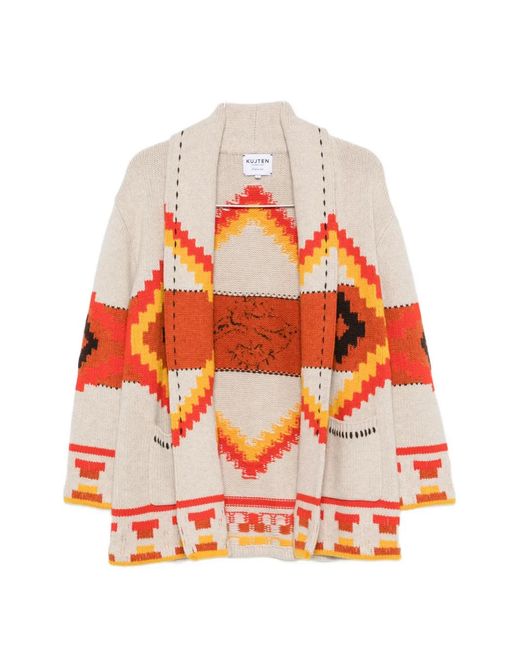 Kujten Orange Intarsia-Knit Shawl-Collar Cardigan