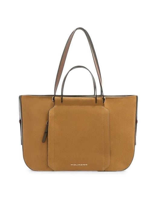 Piquadro Brown Logo-Plaque Laptop Tote Bag